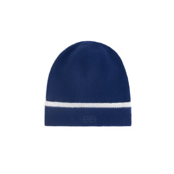Blue beanie with a white stripe on a white background