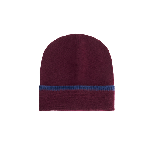Burgundy beanie with a blue stripe on a white background