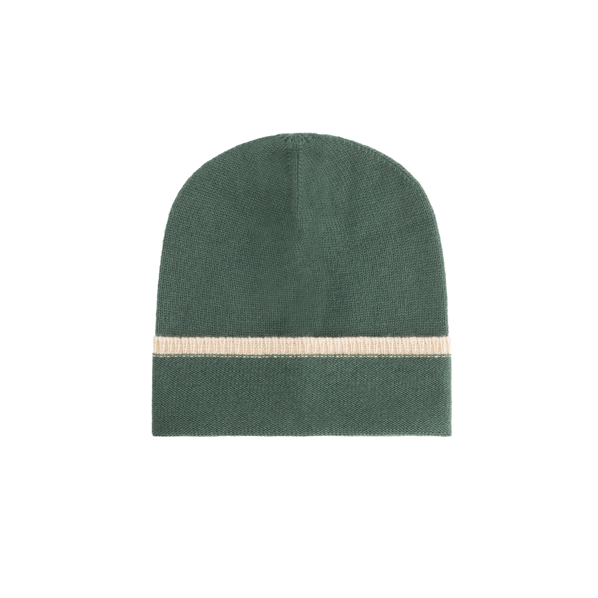Green beanie with a white stripe on a white background